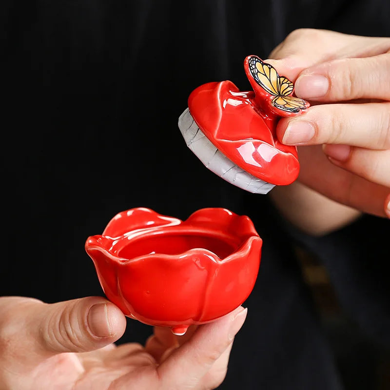 Rose Shape Butterfly Ceramic Tea Sealed Storage Tea Caddy Small Candy Jar Seasoning Storage Kitchen Container