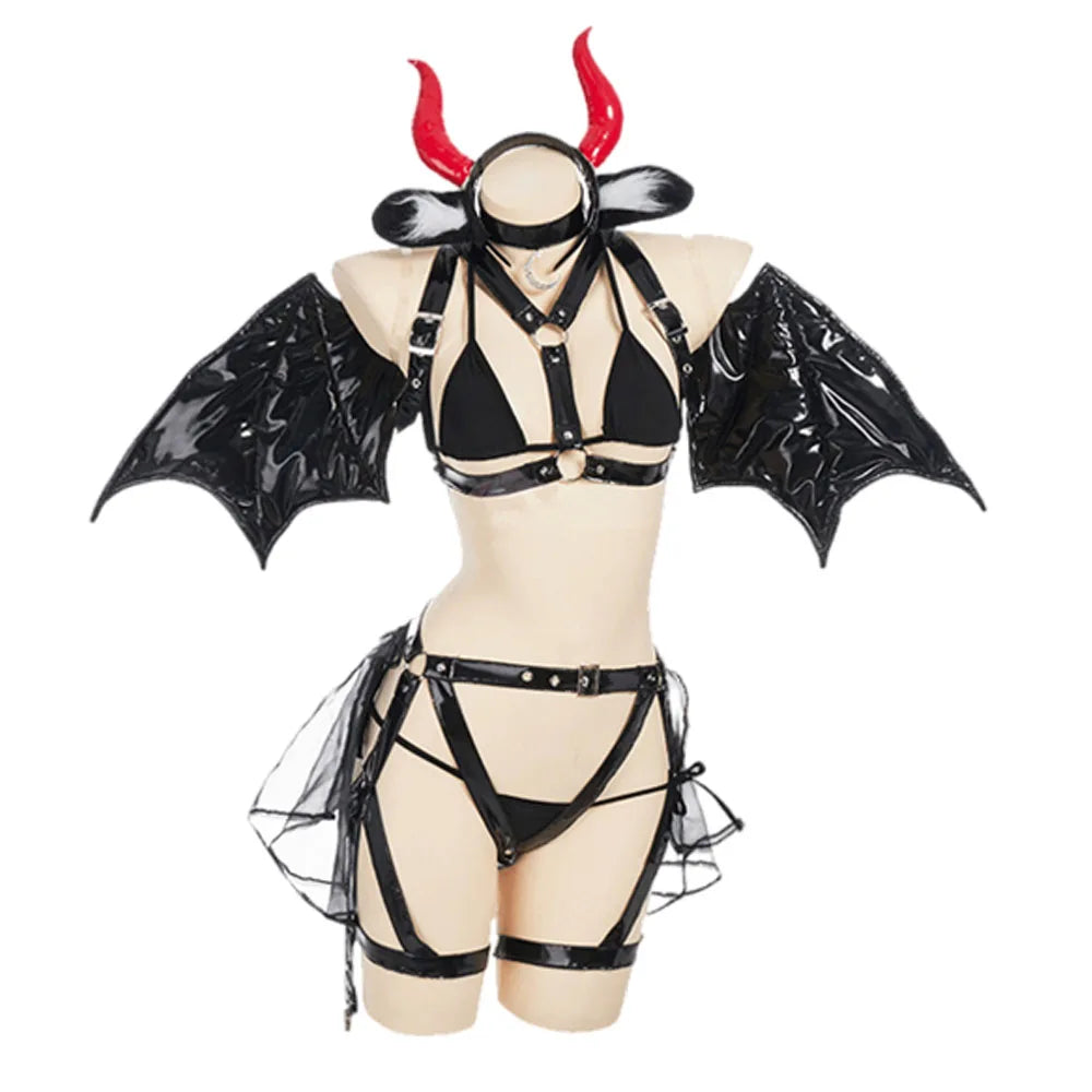 Demon Cattle Black Leather Bundled Suit – Sexy Women's Cosplay Costume & Lingerie