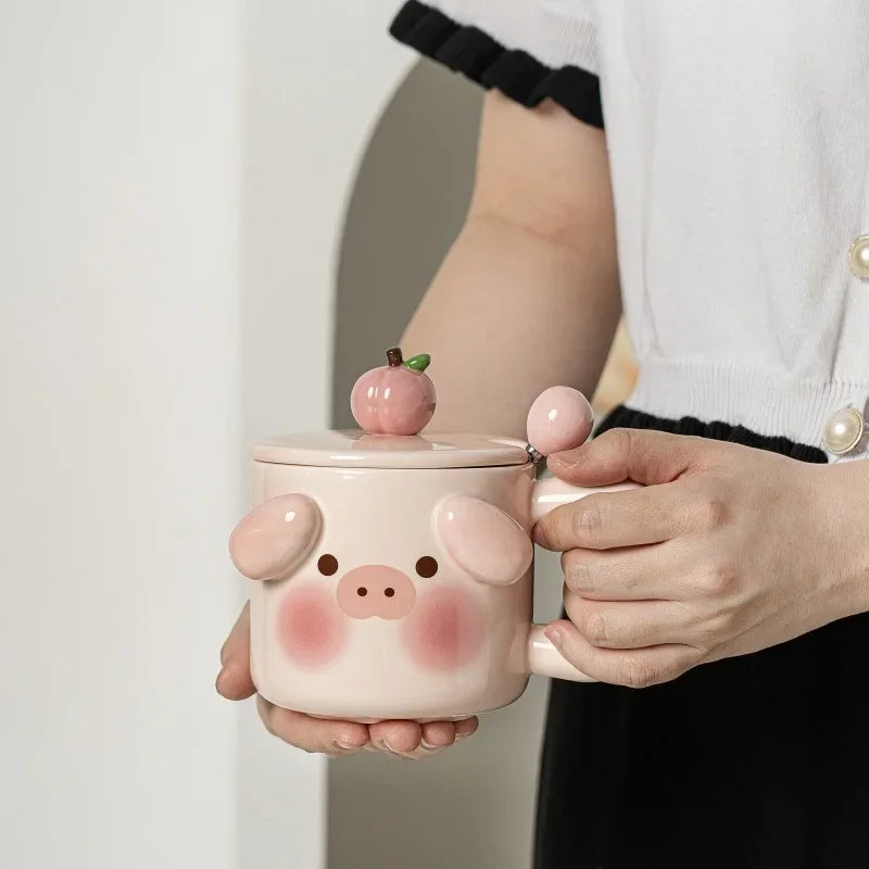 Ceramic Mugs Cartoon Puppy Three-dimensional Animals Pink Pig Cute Coffee Mug with Lid Milk Cups