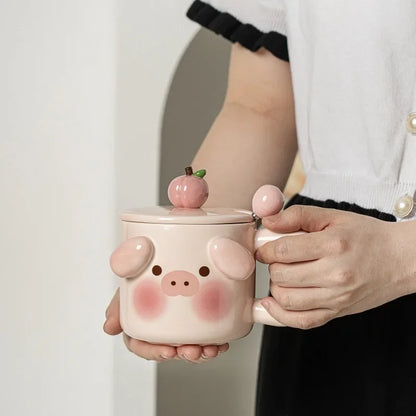 Ceramic Mugs Cartoon Puppy Three-dimensional Animals Pink Pig Cute Coffee Mug with Lid Milk Cups