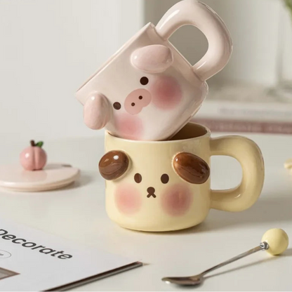 Ceramic Mugs Cartoon Puppy Three-dimensional Animals Pink Pig Cute Coffee Mug with Lid Milk Cups