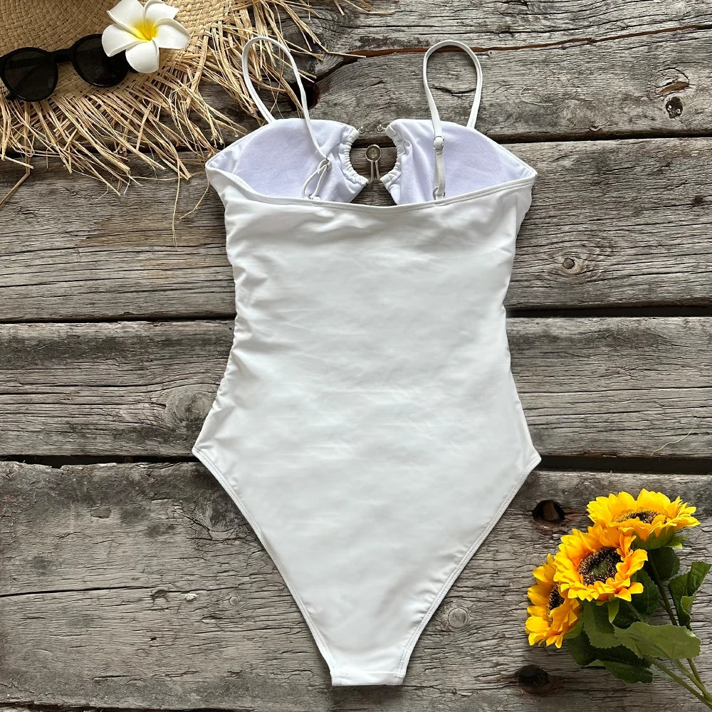 Solid White One-Piece Push-Up Swimsuit for Women – Padded Bathing Suit with Hollow-Out Design