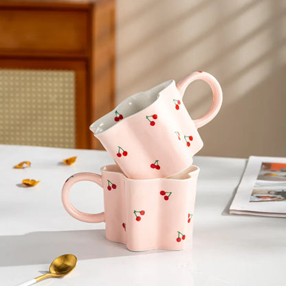 Ceramic Mugs Cherry Print Flower Shaped Coffee Mug