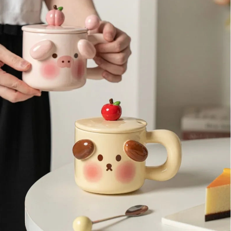 Ceramic Mugs Cartoon Puppy Three-dimensional Animals Pink Pig Cute Coffee Mug with Lid Milk Cups