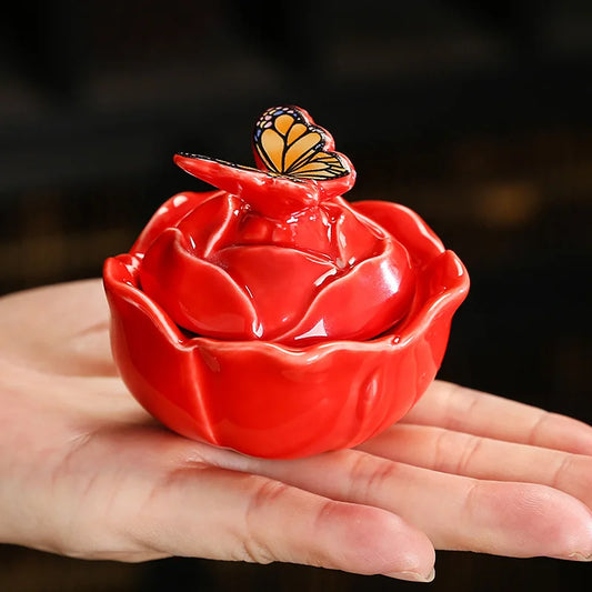 Rose Shape Butterfly Ceramic Tea Sealed Storage Tea Caddy Small Candy Jar Seasoning Storage Kitchen Container