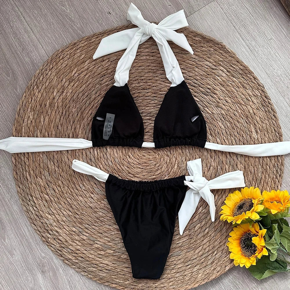 Trendy Black and White Backless Monokini Bikini, Sexy Solid Swimwear for Women