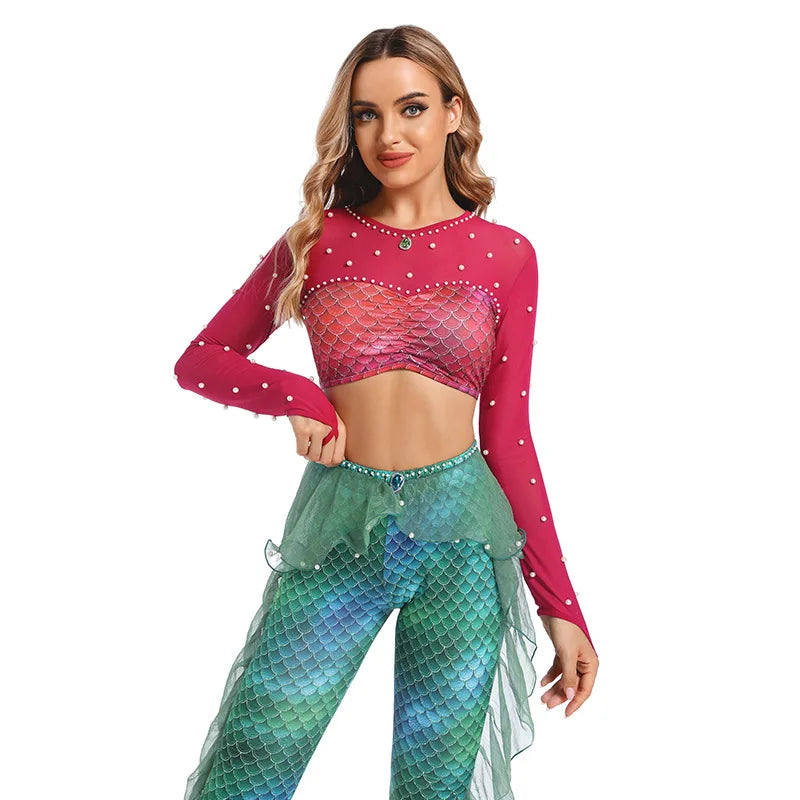 Mermaid Princess Rave Pants Top Red Ruffle Green Pants Cosplay Costume