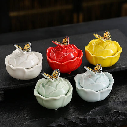 Rose Shape Butterfly Ceramic Tea Sealed Storage Tea Caddy Small Candy Jar Seasoning Storage Kitchen Container