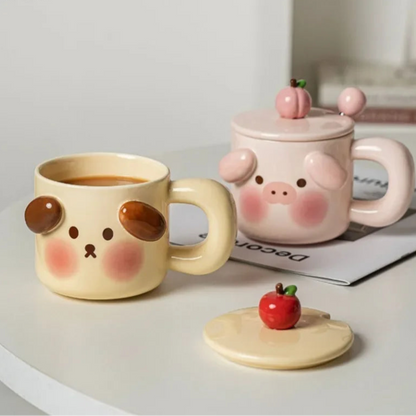 Ceramic Mugs Cartoon Puppy Three-dimensional Animals Pink Pig Cute Coffee Mug with Lid Milk Cups