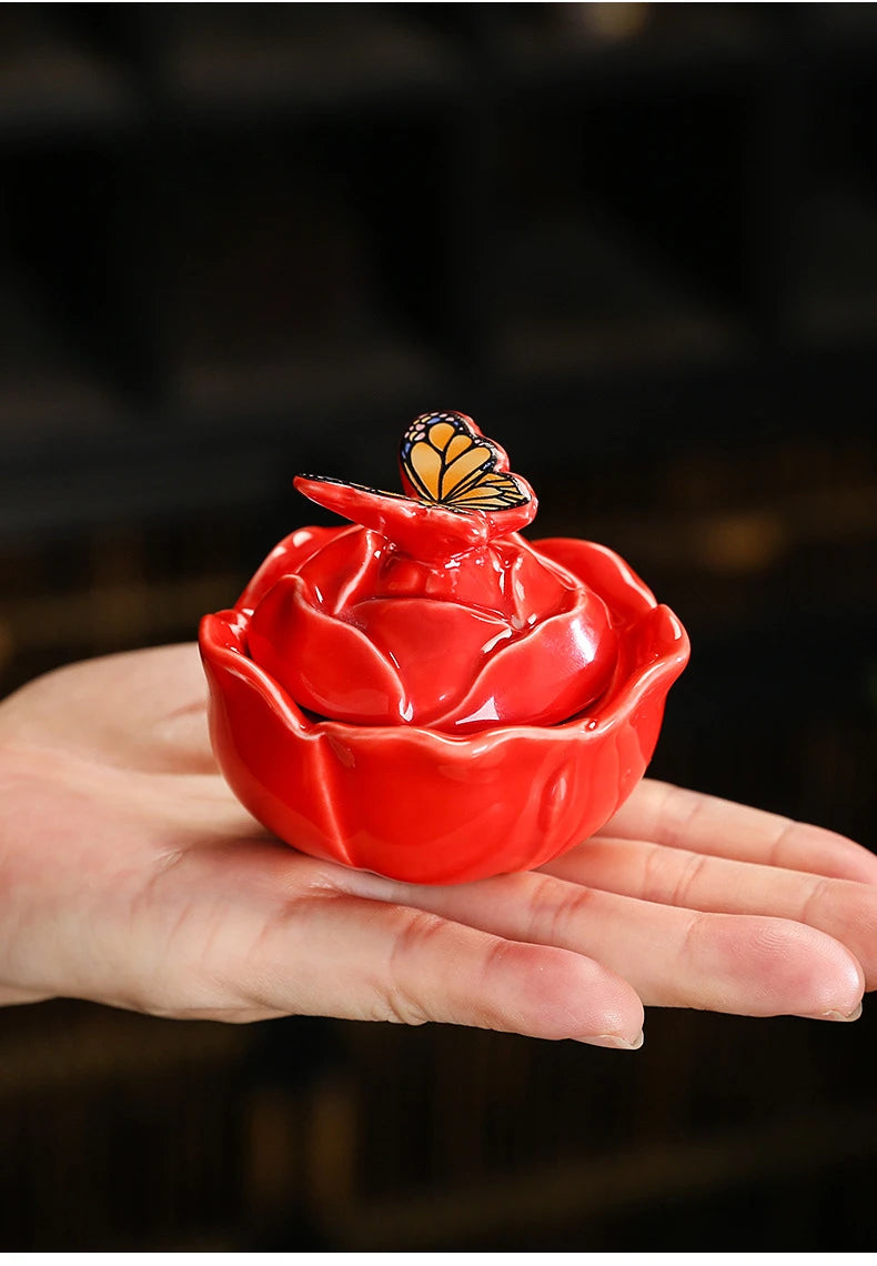 Rose Shape Butterfly Ceramic Tea Sealed Storage Tea Caddy Small Candy Jar Seasoning Storage Kitchen Container