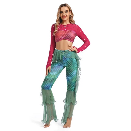 Mermaid Princess Rave Pants Top Red Ruffle Green Pants Cosplay Costume