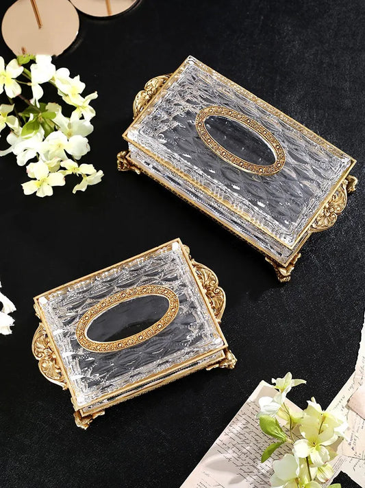 Crystal Glass Tissue Box Golden Brass Transparent Paper Box Household Storage Vintage Tissue Holder