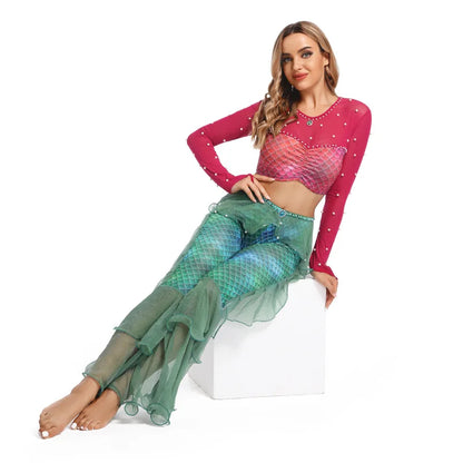 Mermaid Princess Rave Pants Top Red Ruffle Green Pants Cosplay Costume