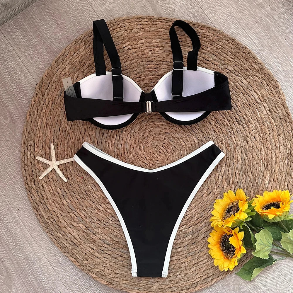 Black and White Backless Bikini Swimwear for Women