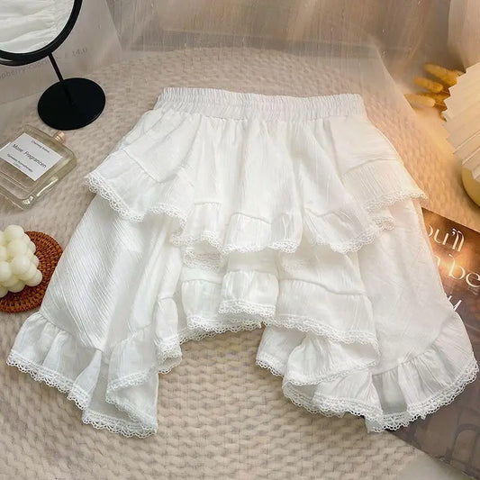 Elastic Waist White Black Irregular Mini Ruffles Skirt