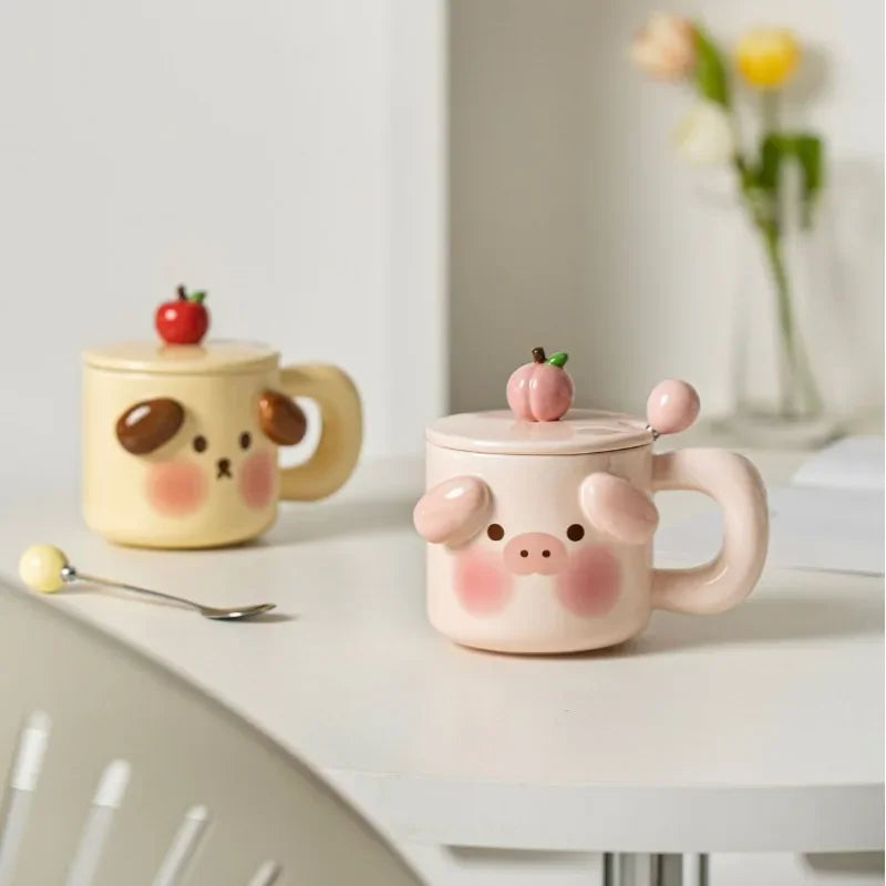 Ceramic Mugs Cartoon Puppy Three-dimensional Animals Pink Pig Cute Coffee Mug with Lid Milk Cups
