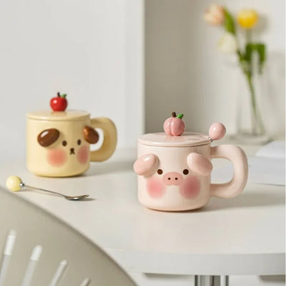 Ceramic Mugs Cartoon Puppy Three-dimensional Animals Pink Pig Cute Coffee Mug with Lid Milk Cups